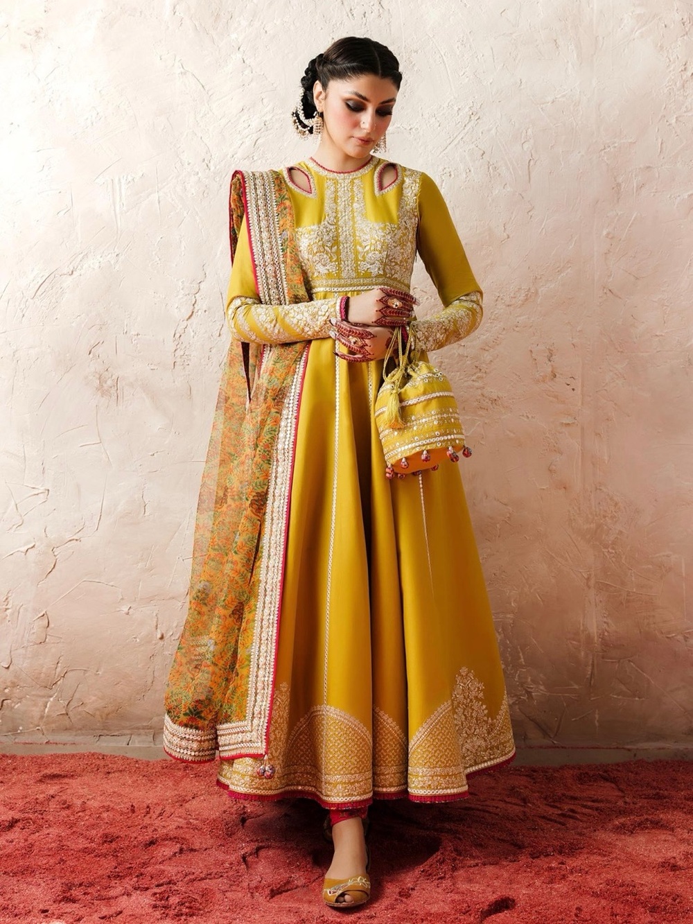 Hussain Rehar Elegant Mustard Embroidered Anarkali Dress with Dupatta